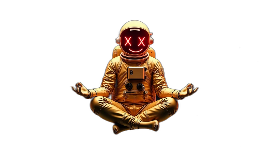 The original golden astronaut floating in lotus pose